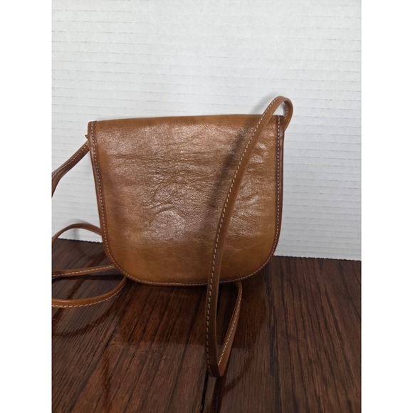 Vintage Tan Leather Crossbody Bag Woven Textile Accent Boho Small Saddle Purse - Picture 4 of 7